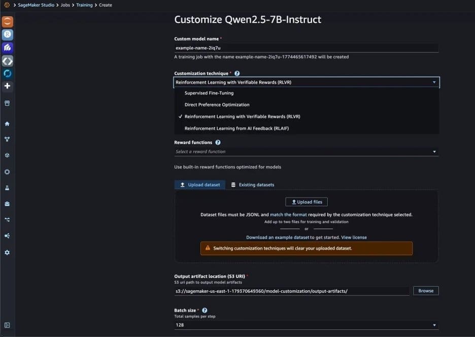 Amazon SageMaker Studio model customization form for Qwen2.5-7B-Instruct showing the Customization technique dropdown with Reinforcement Learning with Verifiable Rewards (RLVR) selected, along with options for reward functions, dataset upload, S3 output location, and batch size.