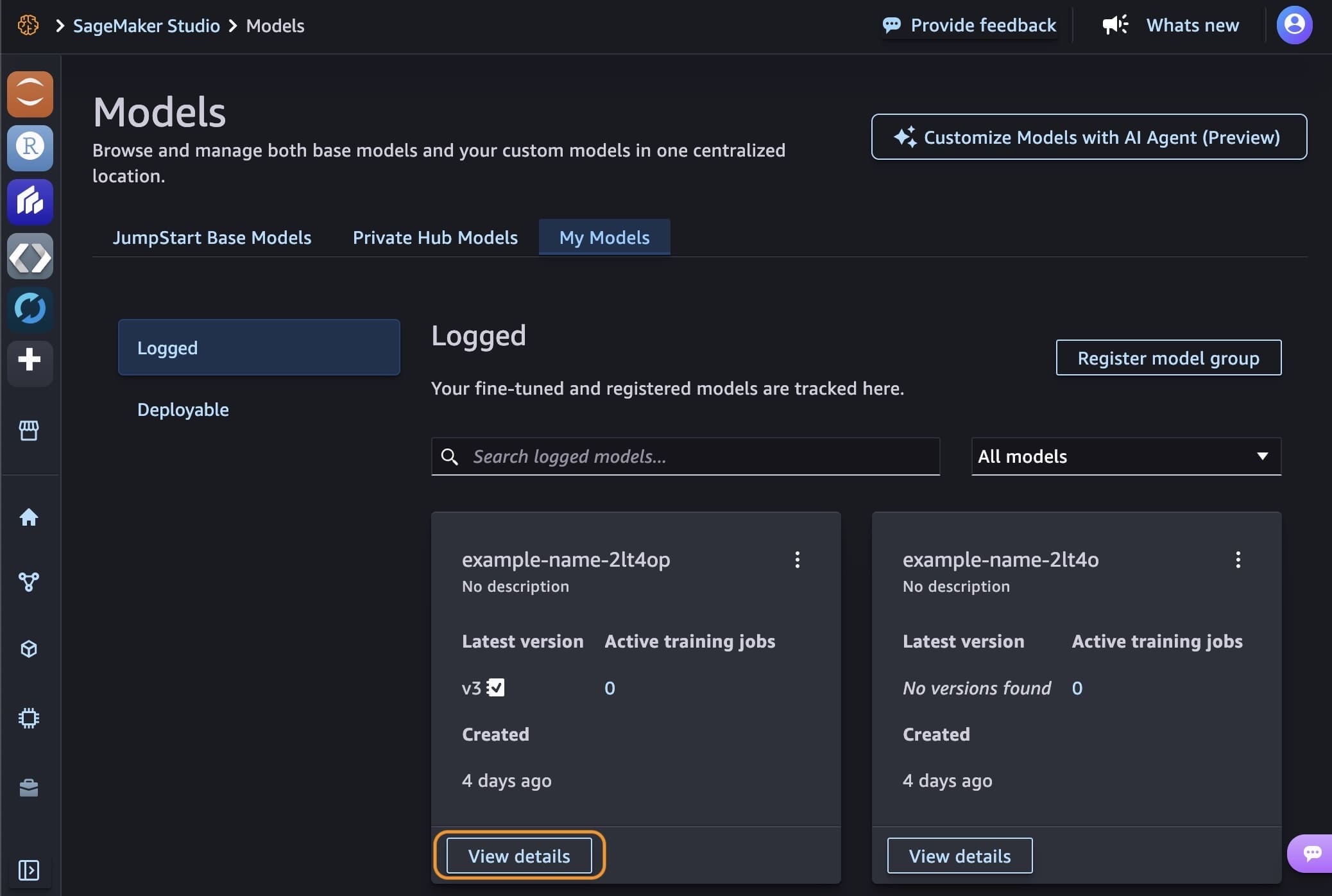 Amazon SageMaker Studio My Models page showing the Logged tab with two fine-tuned model cards: example-name-2lt4op at version v3 and example-name-2lt4o with no versions found, both created 4 days ago with View details buttons.