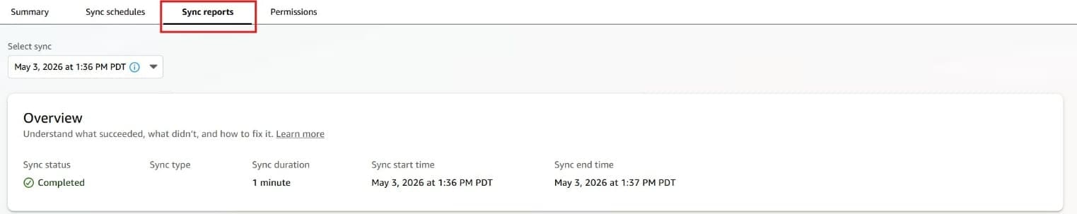Screenshot of the 'Sync reports' tab (highlighted with a red border) on the My Confluence Knowledge Base page in Amazon Quick. A date selector shows 'May 3, 2026 at 1:36 PM PDT'. The Overview section displays Sync status: Completed, Sync type: 1 minute, Sync start time: May 3, 2026 at 1:36 PM PDT, and Sync end time: May 3, 2026 at 1:37 PM PDT. This image shows how to review sync report details for a Confluence knowledge base in Amazon Quick.