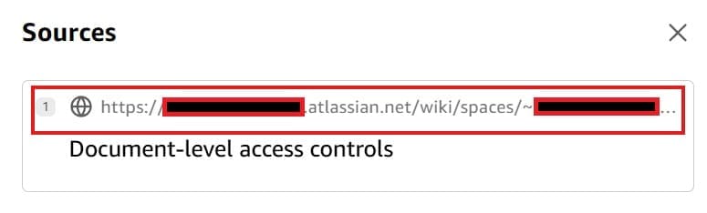 Screenshot of a Sources citation panel in Amazon Quick's AI assistant, shown after clicking a citation reference. The panel displays Source 1 as a Confluence URL (redacted) with the document title 'Document-level access controls', confirming the AI response was sourced from the connected Confluence knowledge base. An X button is visible to close the panel. This image shows how Amazon Quick attributes AI responses to specific Confluence source documents.