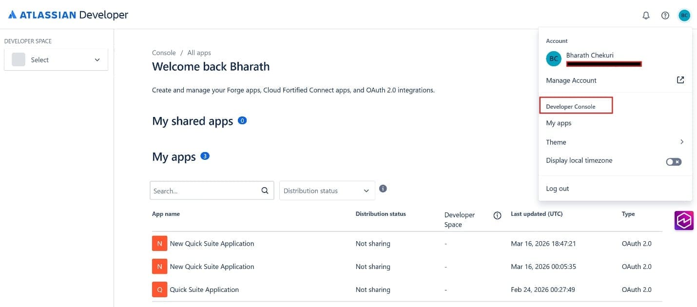 Screenshot of the Atlassian Developer Console showing the 'All apps' page for user Bharath Chekuri. The page displays 'My shared apps (0)' and 'My apps (3)' sections. Three apps are listed: two named 'New Quick Suite Application' (OAuth 2.0, Not sharing) and one 'Quick Suite Application' (OAuth 2.0, Not sharing). An account dropdown menu is open in the top-right showing options including Manage Account, Developer Console (highlighted with red border), My apps, Theme, Display local timezone, and Log out. This image shows the Atlassian Developer Console used to manage OAuth apps for Amazon Quick integration.