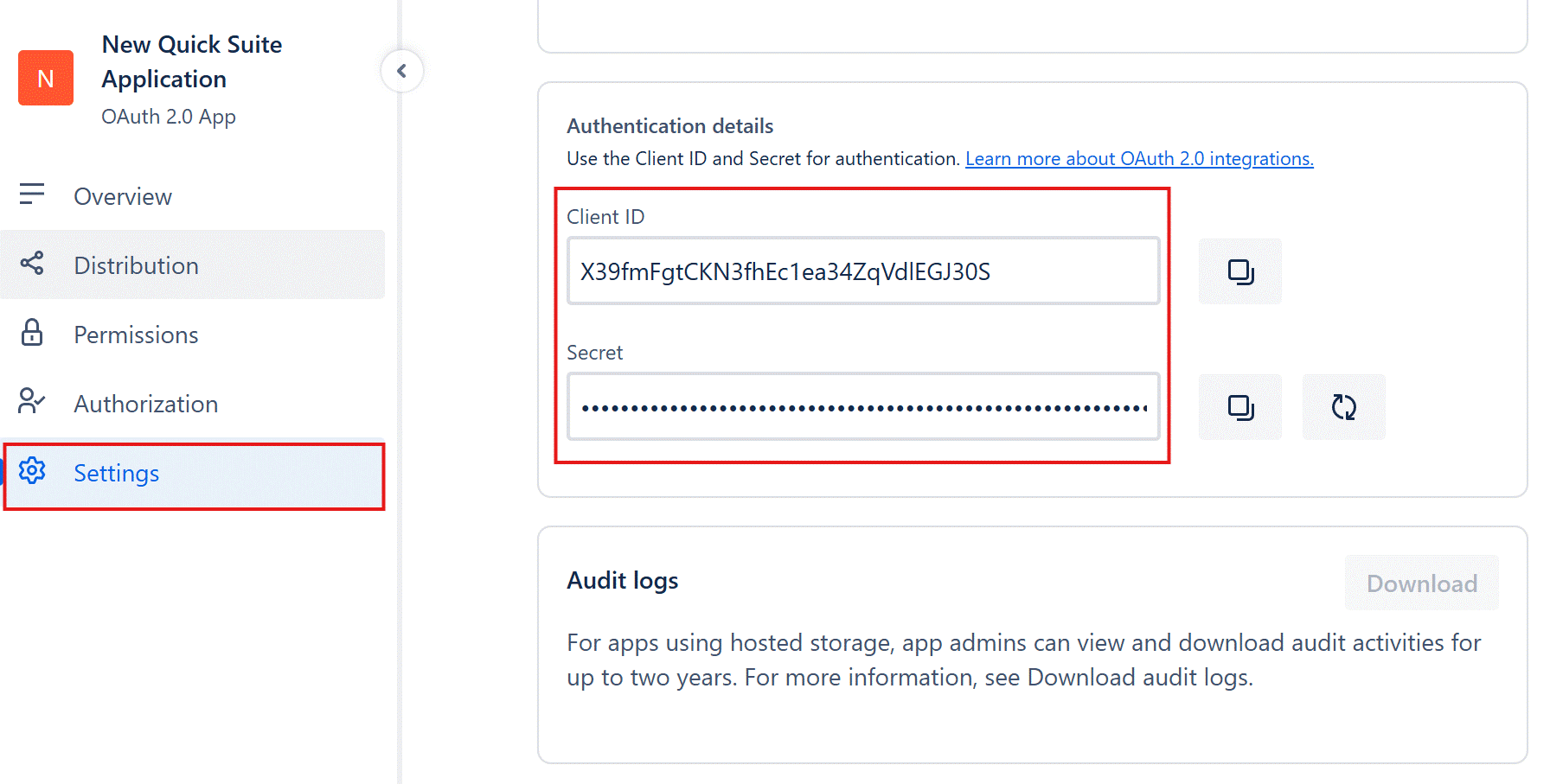Screenshot of the Settings page in the Atlassian Developer Console for the 'New Quick Suite Application' OAuth 2.0 app. The Authentication details section (highlighted with a red border) shows a Client ID field displaying 'X39fmFgtCKN3fhEc1ea34ZqVdlEGJ30S' with a copy button, and a Secret field with the value masked as dots, with copy and refresh buttons. An Audit logs section with a Download button is also visible. The Settings item is highlighted in the left navigation sidebar. This image shows where to retrieve the OAuth credentials needed to configure the Amazon Quick Confluence connector.