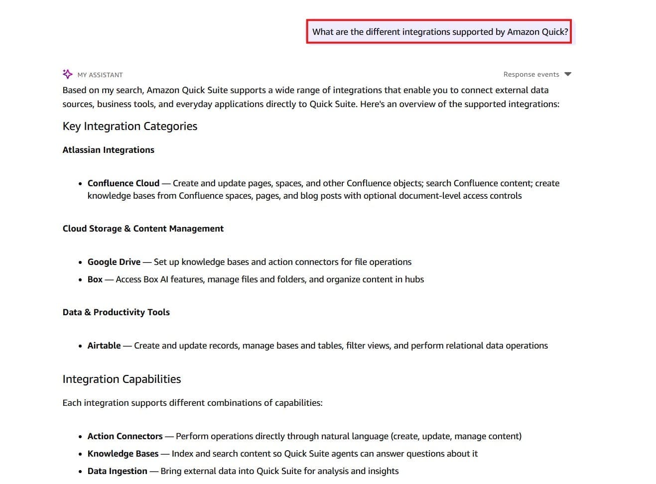 Screenshot of an Amazon Quick AI assistant conversation where the user asks 'What are the different integrations supported by Amazon Quick?' (highlighted with a red border). The AI response lists Key Integration Categories including Atlassian Integrations (Confluence Cloud), Cloud Storage & Content Management (Google Drive, Box), and Data & Productivity Tools (Airtable). It also describes Integration Capabilities covering Action Connectors, Knowledge Bases, and Data Ingestion. This image demonstrates Amazon Quick's ability to answer product questions using knowledge from a connected Confluence knowledge base.