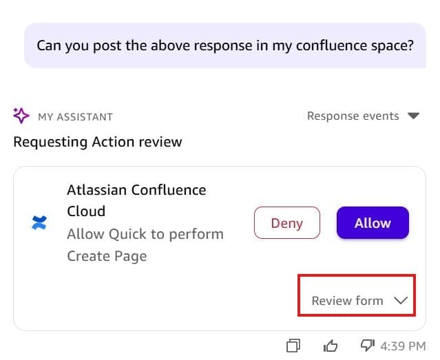 Screenshot of an Amazon Quick 'Requesting Action review' dialog for creating a Confluence page. The dialog shows the Atlassian Confluence Cloud app icon with the message 'Allow Quick to perform Create Page'. Deny and Allow buttons are visible, with a 'Review form' expandable section highlighted with a red border at the bottom. This image illustrates Amazon Quick's action approval workflow before executing write operations in Confluence.