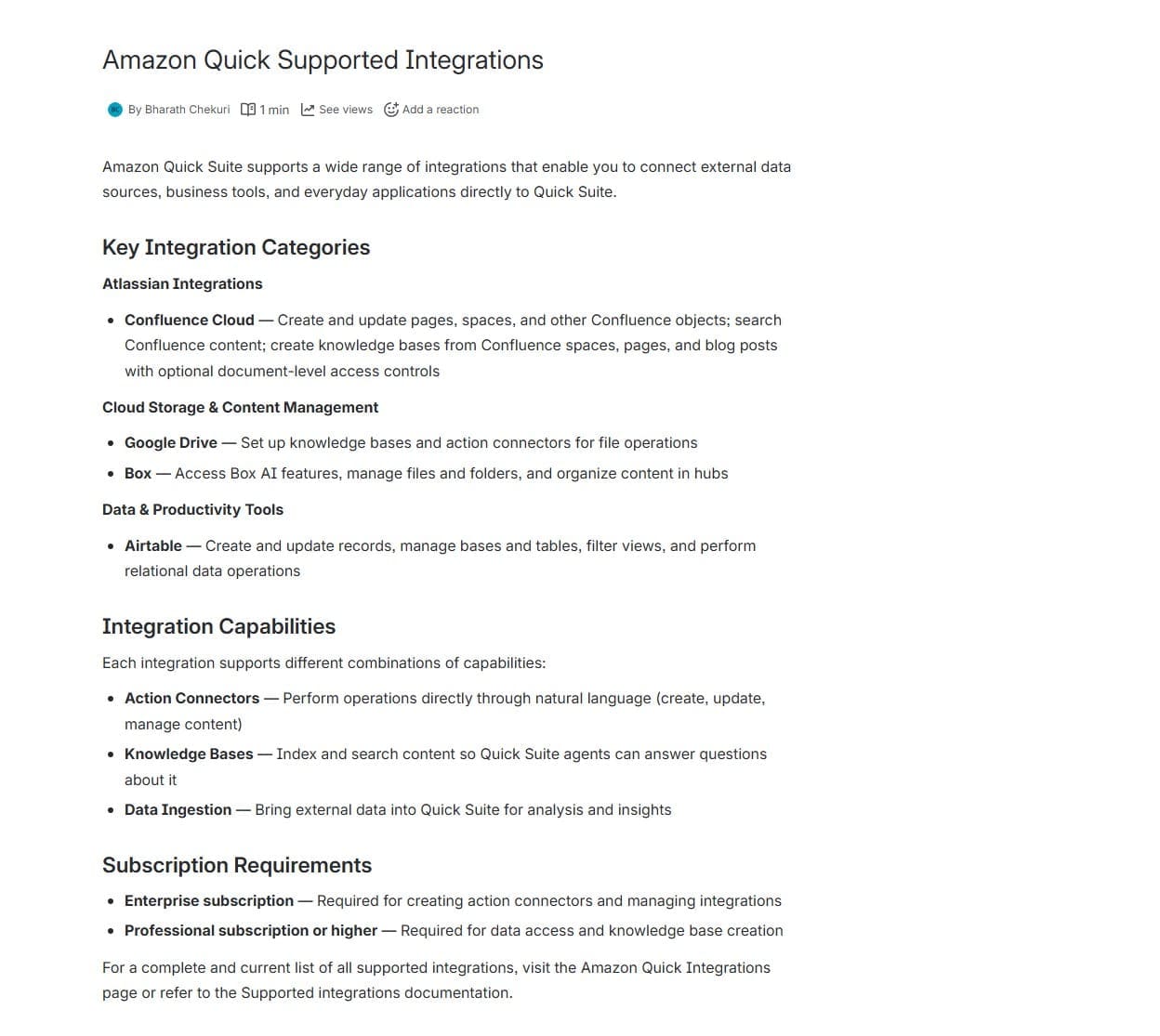 Screenshot of the newly created Confluence page titled 'Amazon Quick Supported Integrations' authored by Bharath Chekuri. The page content describes Amazon Quick Suite's integration capabilities, organized into sections: Key Integration Categories (Atlassian Integrations — Confluence Cloud, Google Drive, Box; Cloud Storage & Content Management; Data & Productivity Tools — Airtable), Integration Capabilities (Action Connectors, Knowledge Bases, Data Ingestion), and Subscription Requirements (Enterprise subscription and Professional subscription). This image demonstrates a successfully AI-generated Confluence page created via Amazon Quick's Confluence connector.