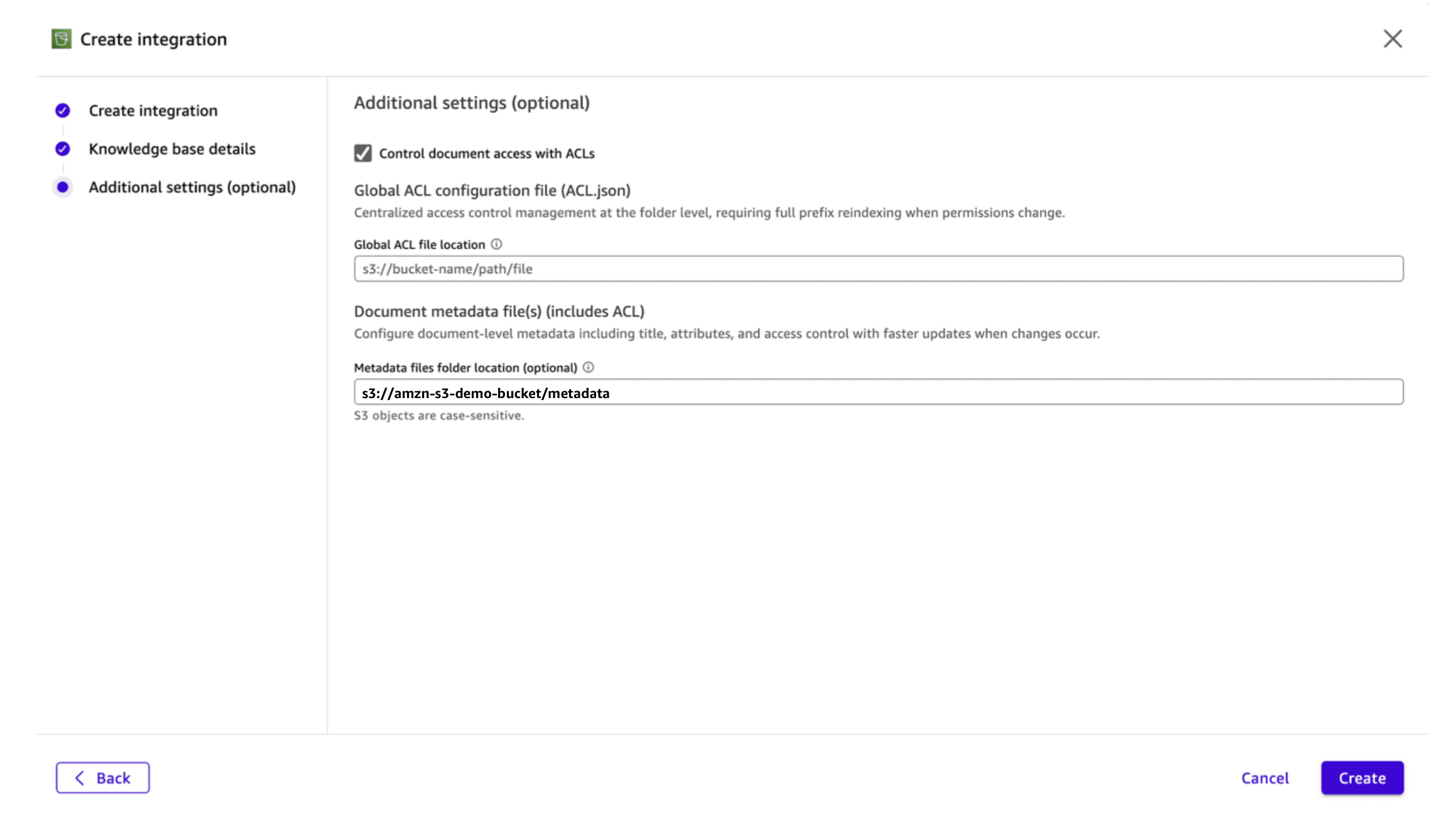 Additional settings step of the Create Integration wizard in Amazon Quick with 