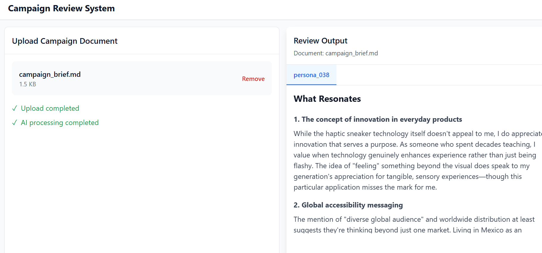 campaign upload user interface with a left panel to upload a campaign brief and the right panel to view the agent generated review