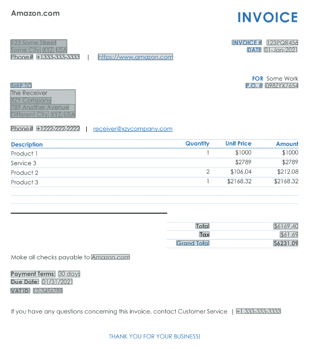 Sample invoice with detected sensitive fields