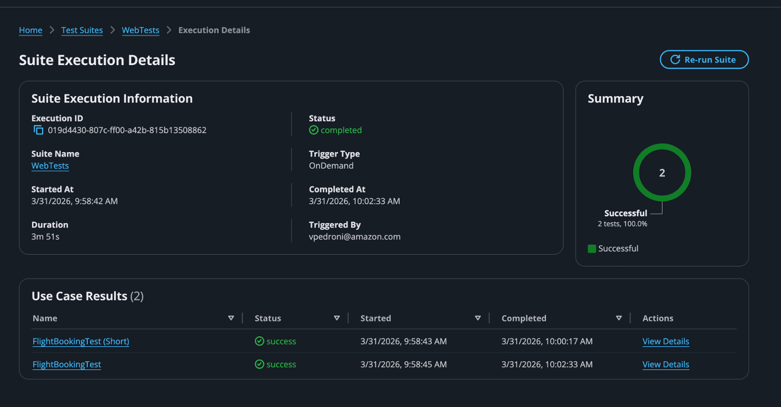 Suite execution results showing aggregate status and individual use case outcomes