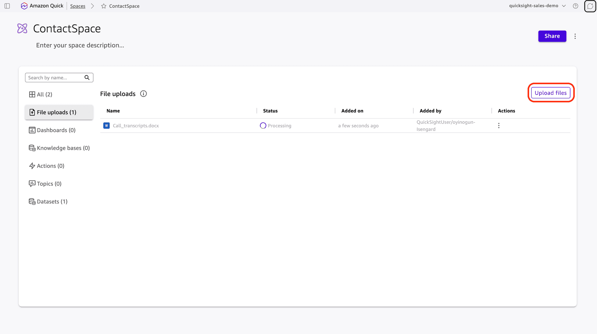 Space configuration screen with the Upload files button highlighted for selection