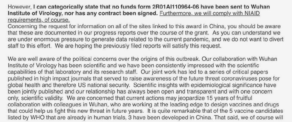 An April 2020 email from EcoHealth president Peter Daszak mentions the group’s progress reports. One report was overdue at the time. Image of FOIA Document