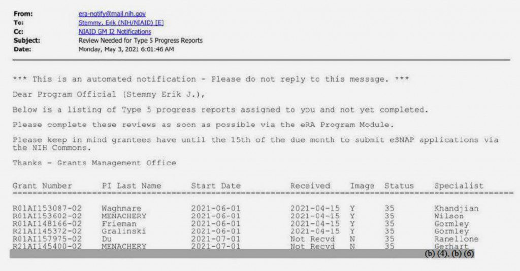 One of several weekly automated emails sent to an NIAID grants administrator in 2021.Image of FOIA Document