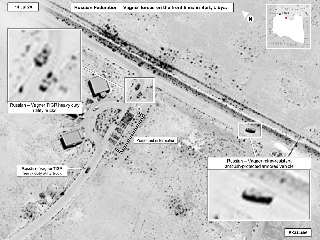 New imagery further proves Russia's involvement by showing Wagner utility trucks and Russian mine-resistant, ambush­-protected armored vehicles are present in Libya. (Approved for release)