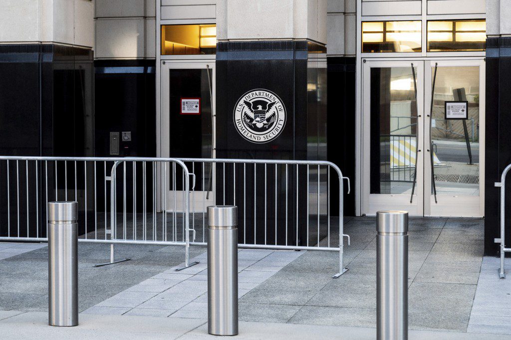 A Department of Homeland Security sign at a U.S. Immigration and Customs Enforcement building located in Southwest Washington, D.C., shown in an October 2021 photograph.