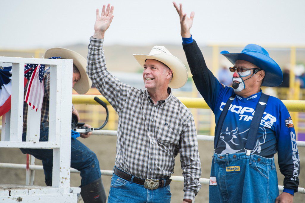 UNITED STATES - AUGUST 18: Rep. Greg Gianforte, R-Mont., waves to constituents at the Crow Fair in Crow Agency, Mont., on August 18, 2018. Gianforte is being challenged by Democrat Kathleen Williams. (Photo By Tom Williams/CQ Roll Call)