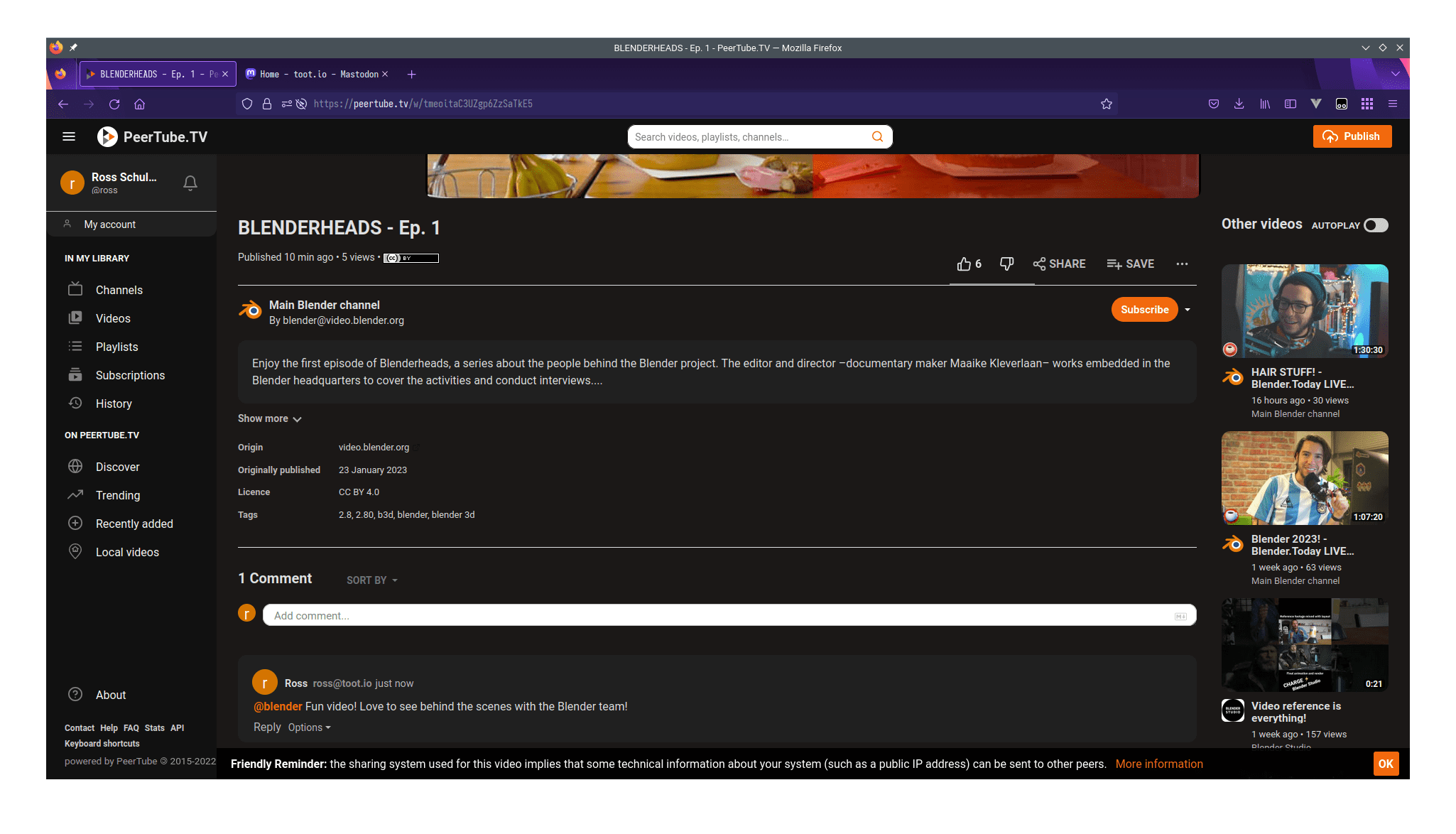 A screenshot of a PeerTube video page, showing the comment being composed in the prior image.