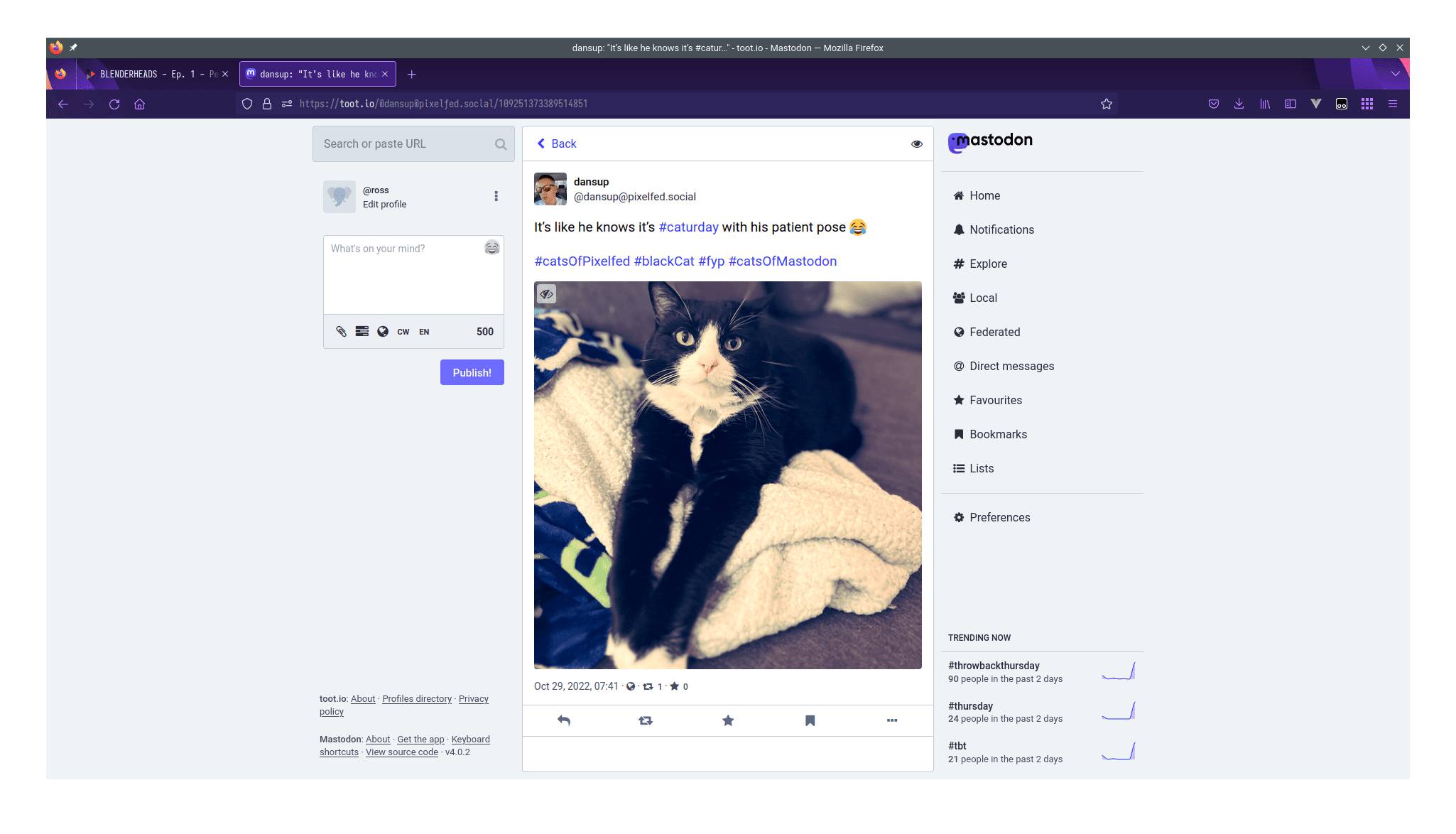 A screenshot of Mastodon's home feed, showing a Pixelfed post from 