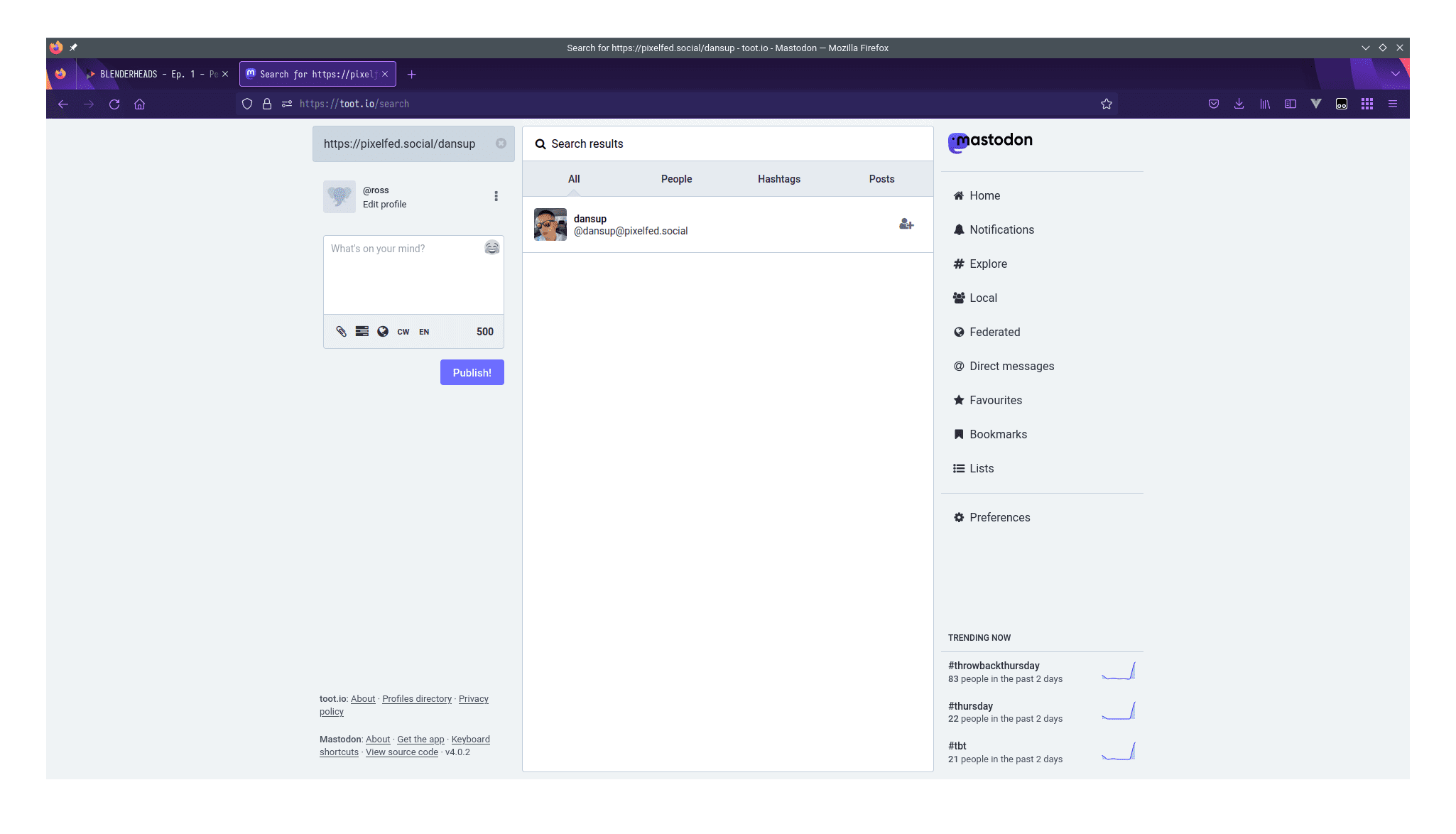 A screenshot of Mastodon's search page, showing the results of a search for 