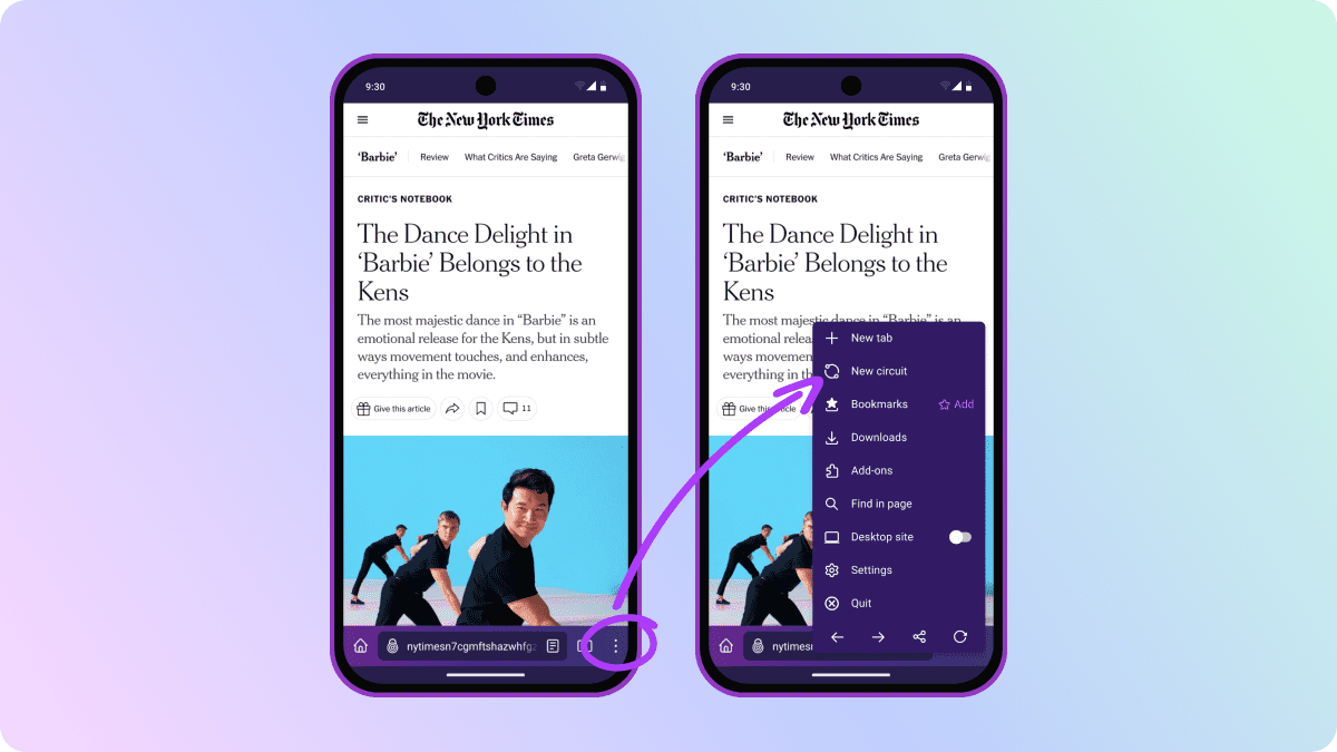 A screenshot of Tor Browser for Android with the overflow menu open, featuring an arrow pointing to a new entry in the menu reading 