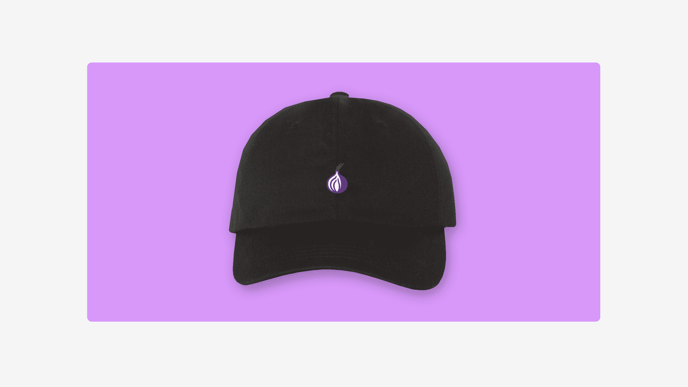 A picture of a black cap with an embroidered purple onion